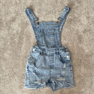 SHEIN Light Wash Distressed Denim Overalls